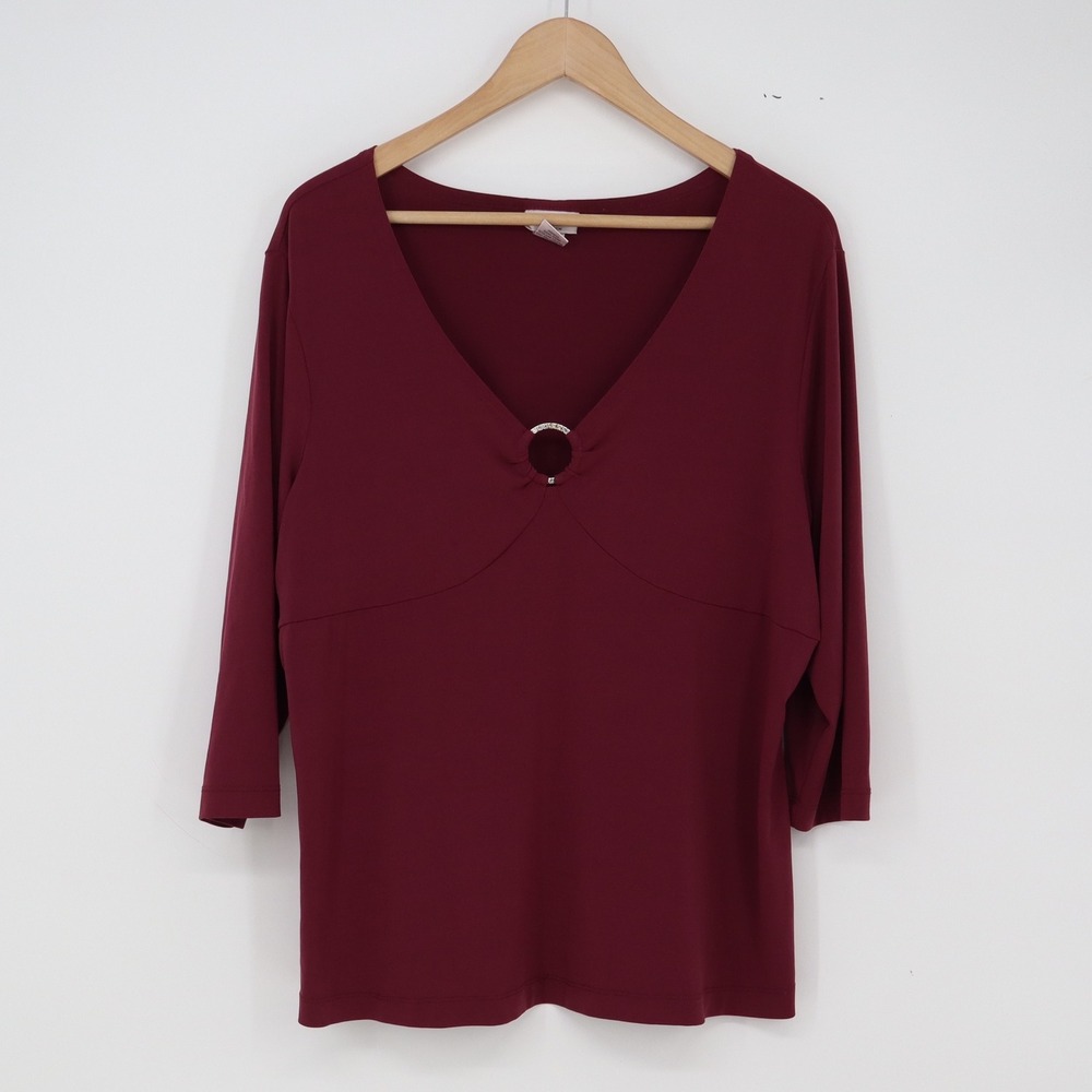 Fashion Bug Top Womens 18/20W Stretch V-Neck Burgundy Rhinestone Ring Excellent